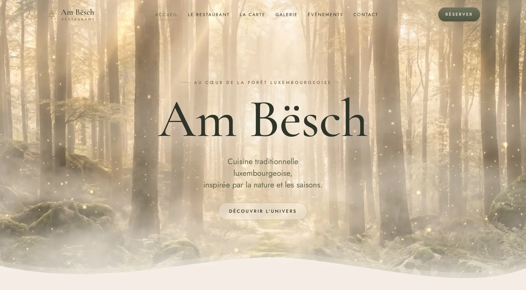 Homepage Am Bësch pour restaurant luxembourgeois au coeur de la forêt.