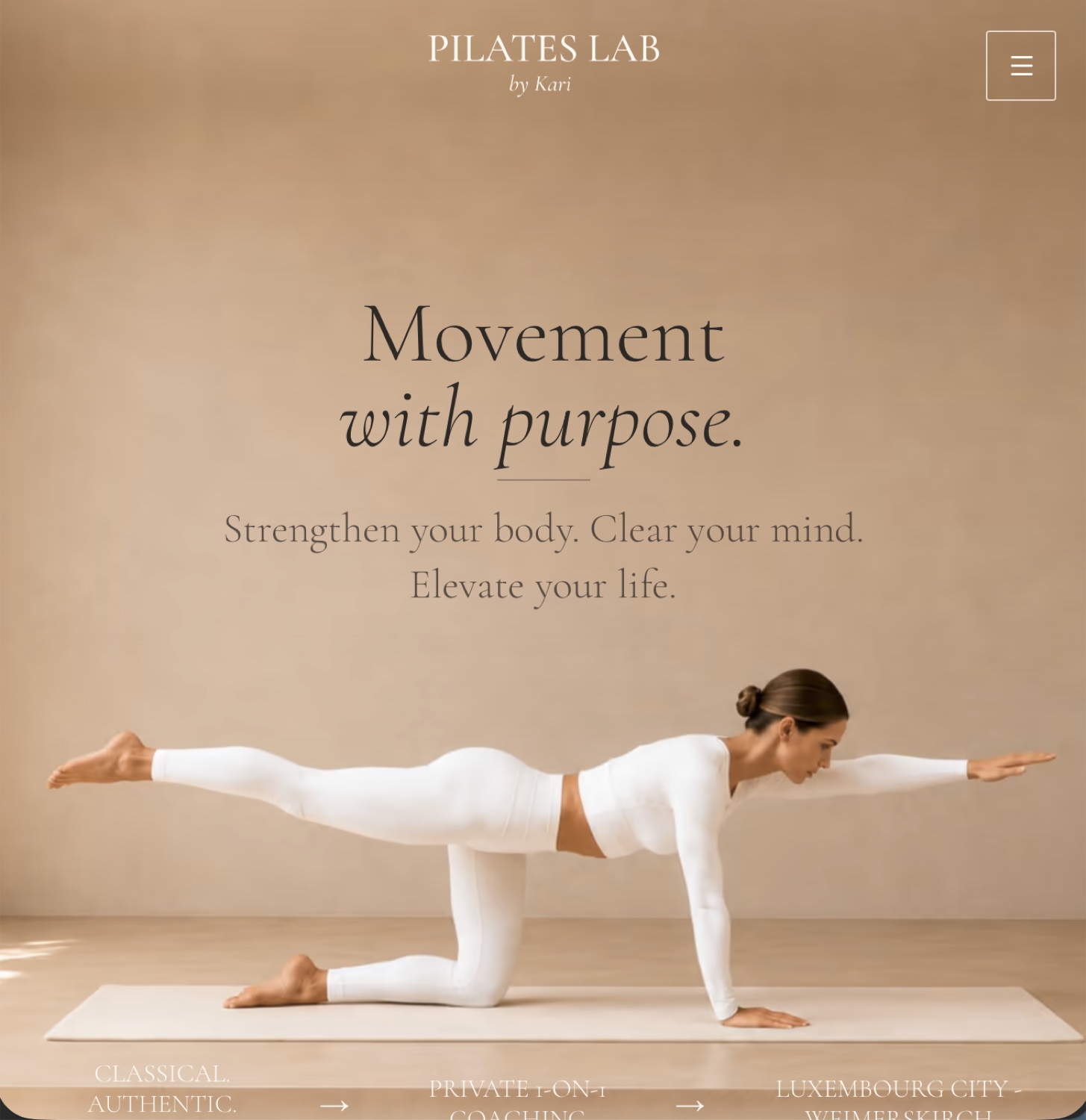 Homepage of a Pilates studio concept with a mat exercise.
