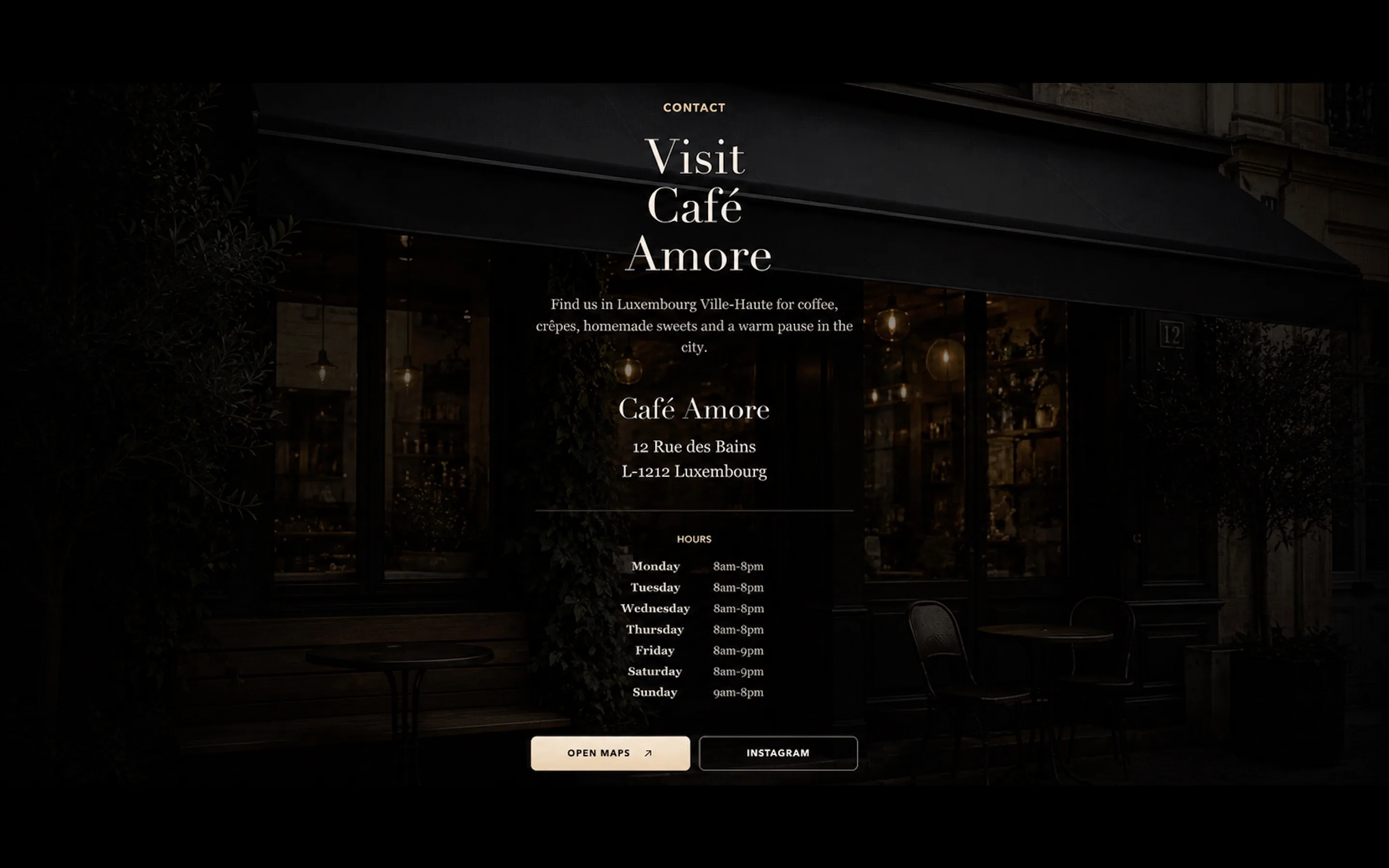 Section contact de la homepage Cafe Amore avec adresse, horaires et boutons Open Maps et Instagram.