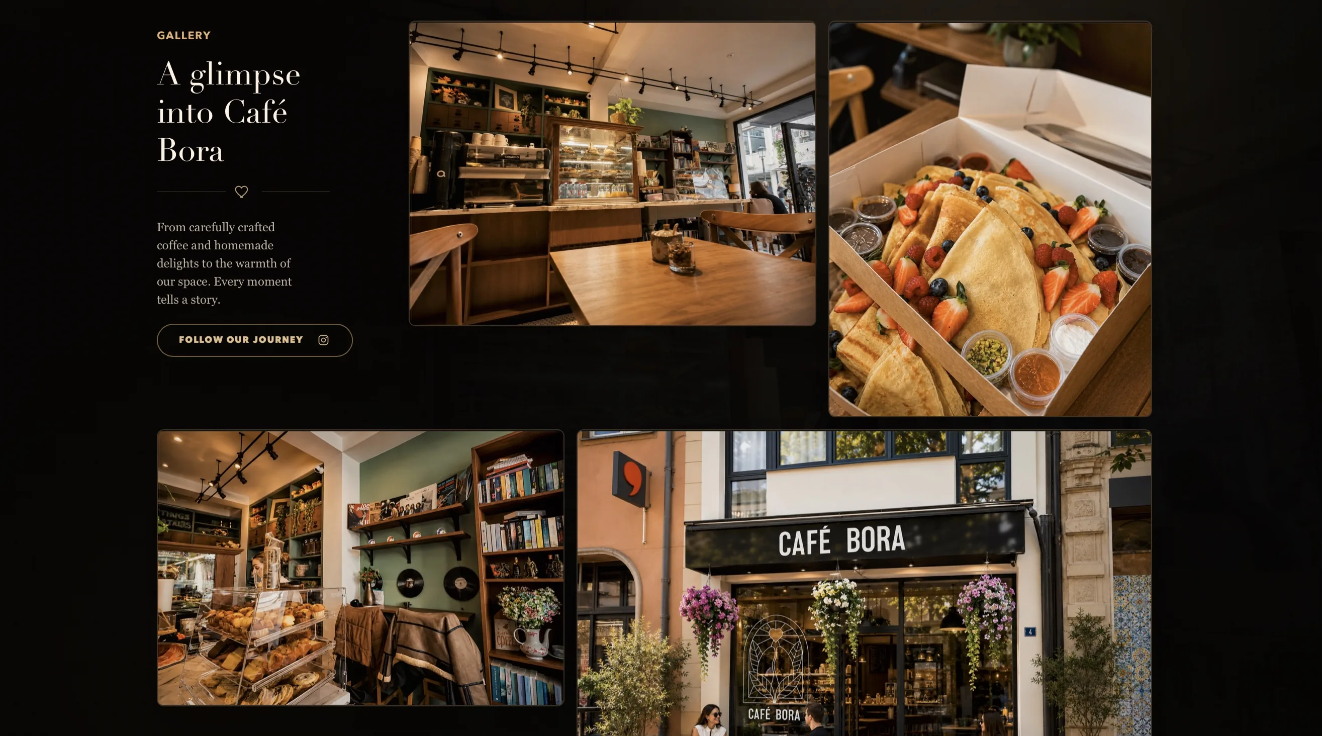 Section galerie de la homepage Cafe Amore avec intérieur du café, crêpes et façade.