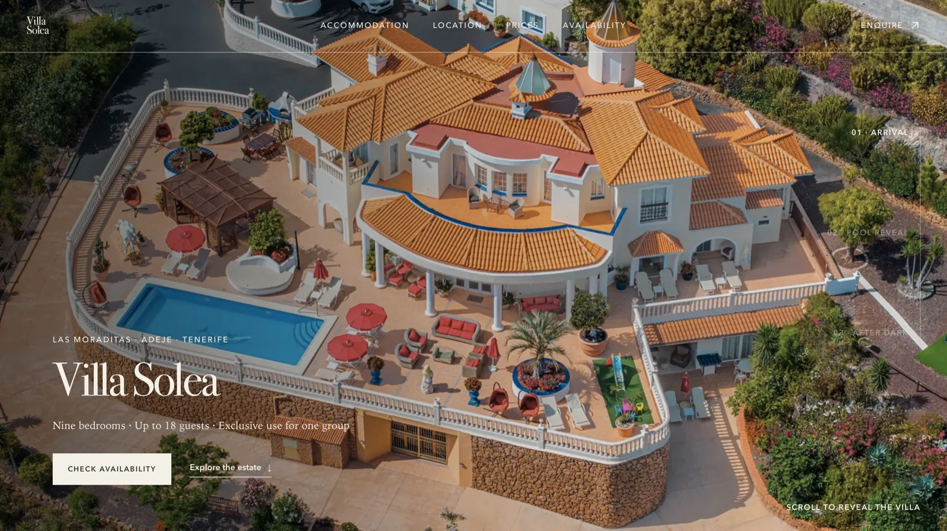 Villa Soléa homepage with an aerial view of the estate and pool.