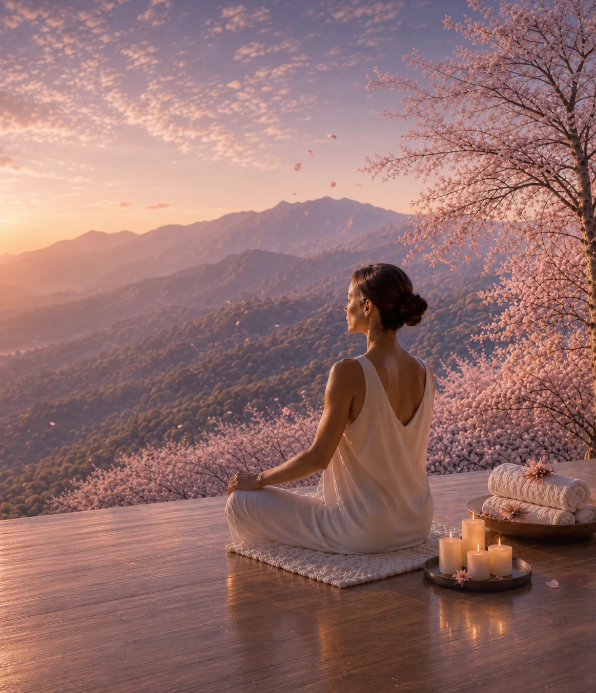 Woman meditating before the mountains in Hikari’s calm floral atmosphere.