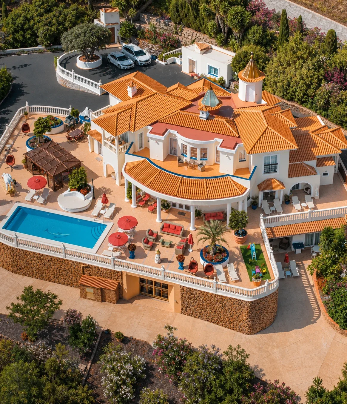 Clean aerial view of Villa Soléa, its pool and gardens in Tenerife.