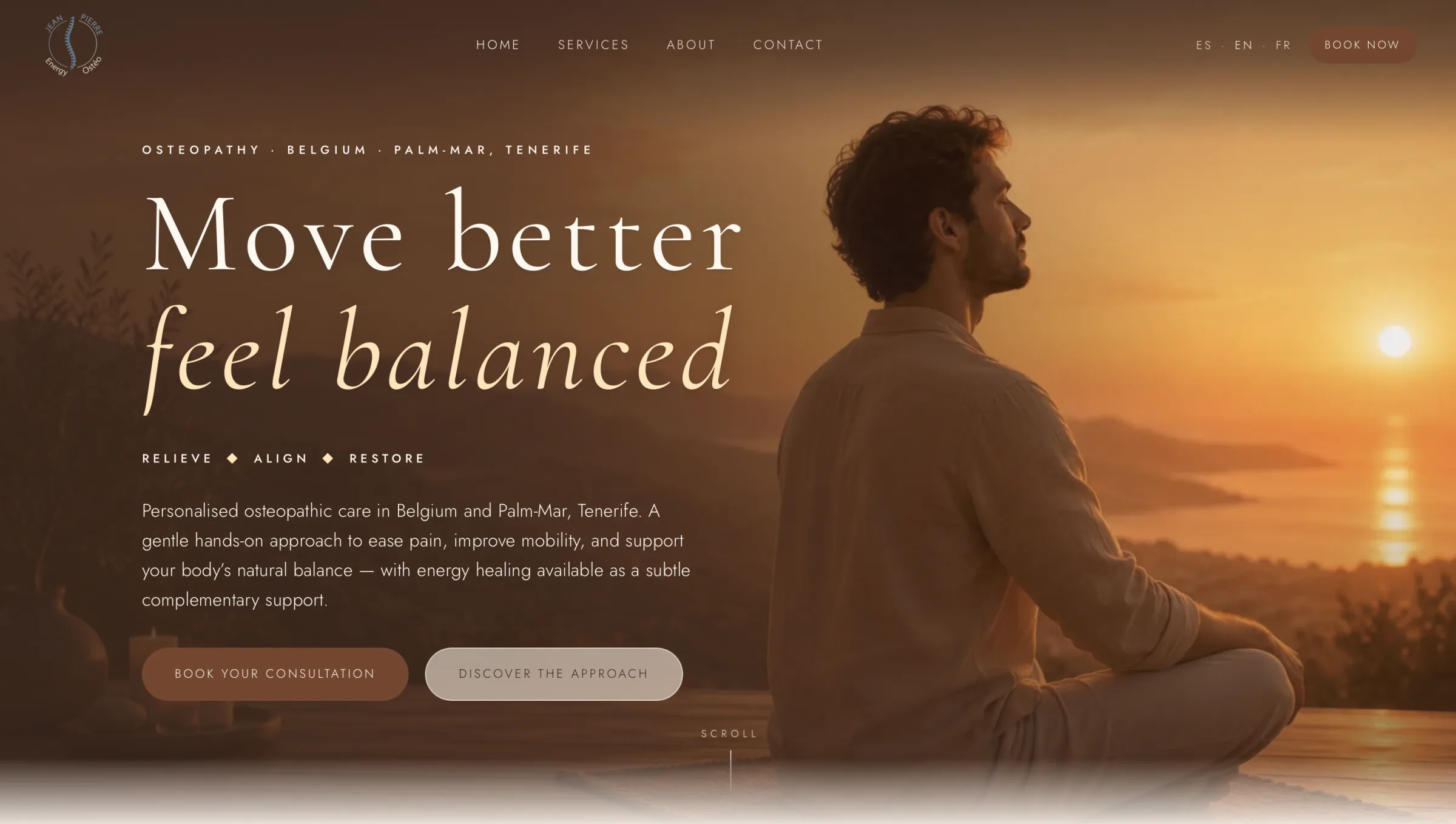 Homepage Jean Pierre Osteo Energy avec ostéopathie et coucher de soleil à Tenerife.