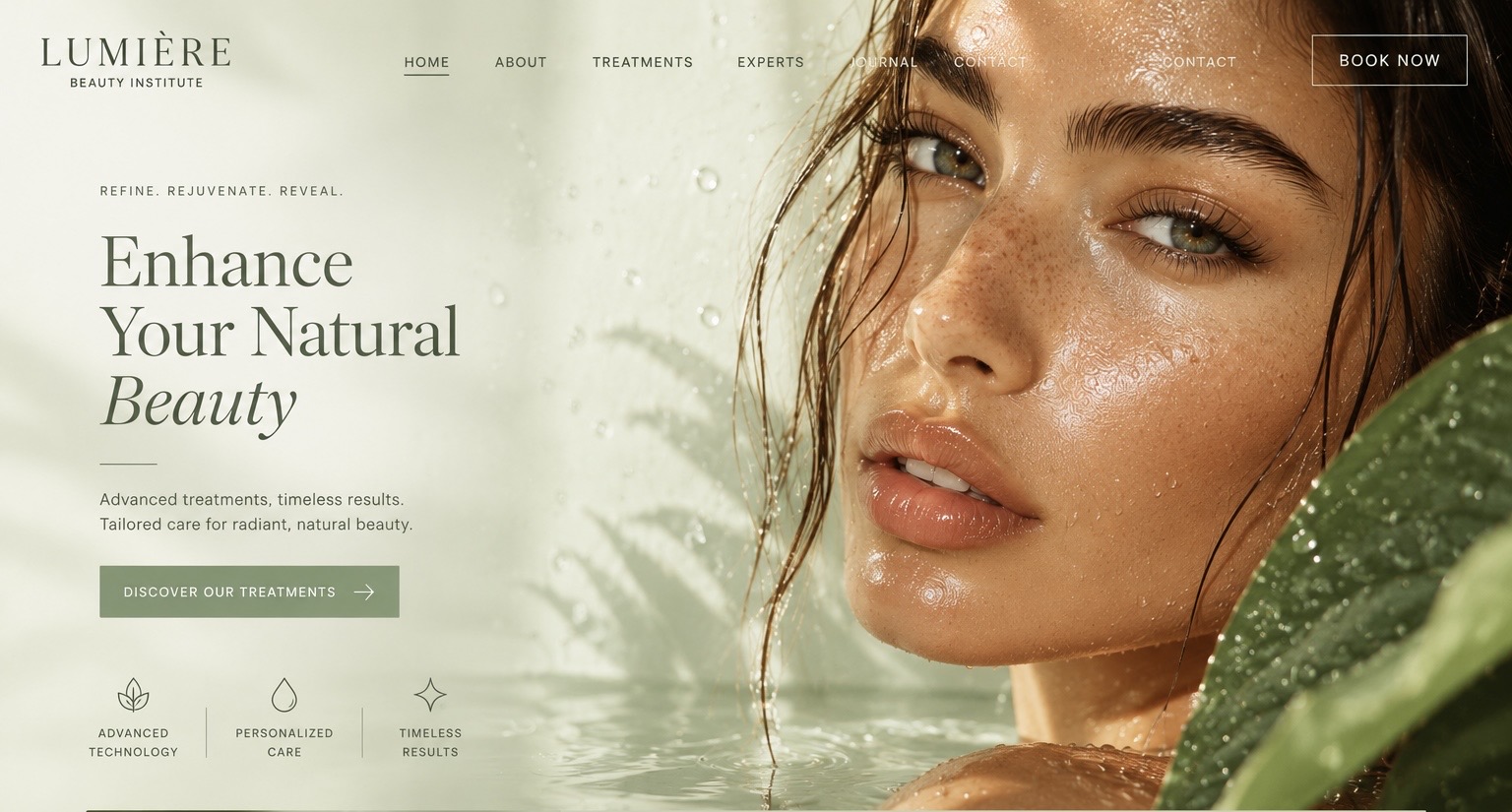 Homepage Lumière avec direction beauté douce et produit éditorial.