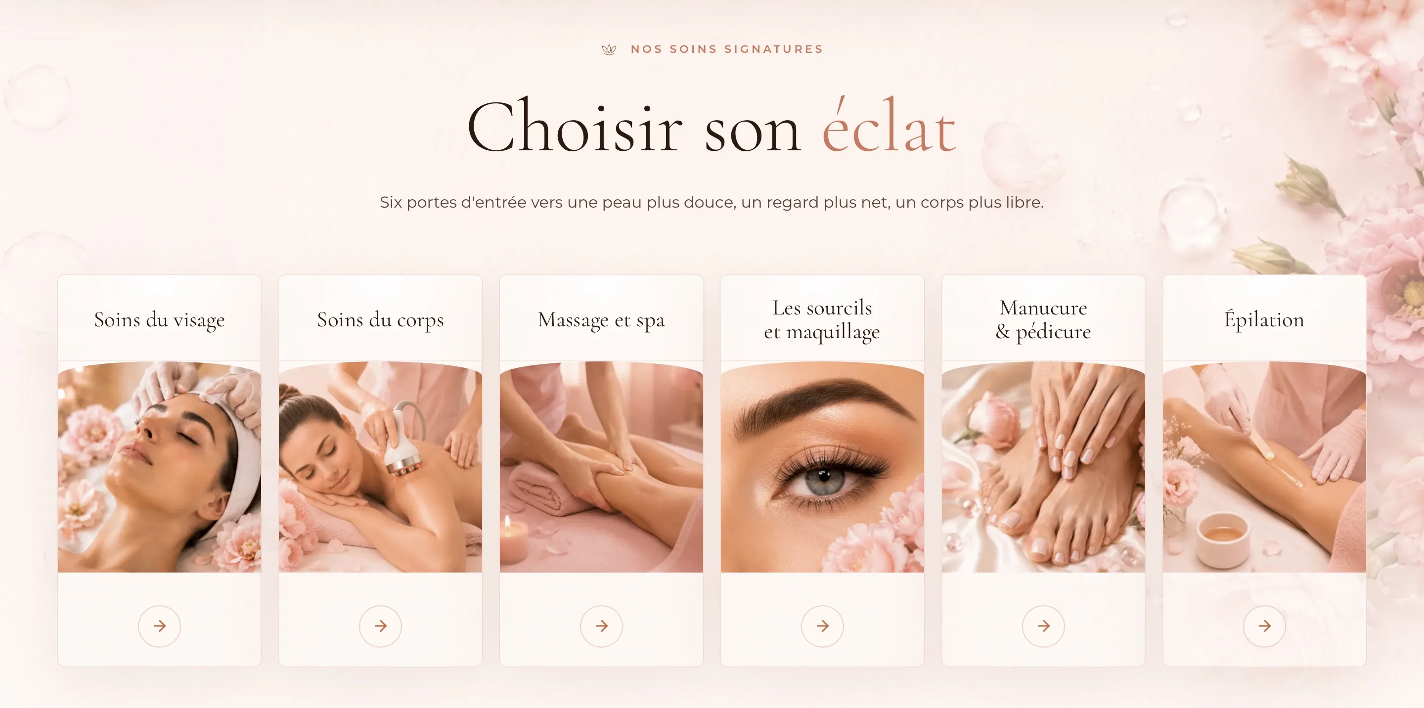 Section soins signatures de Maison Rose avec six cartes de prestations beauté.