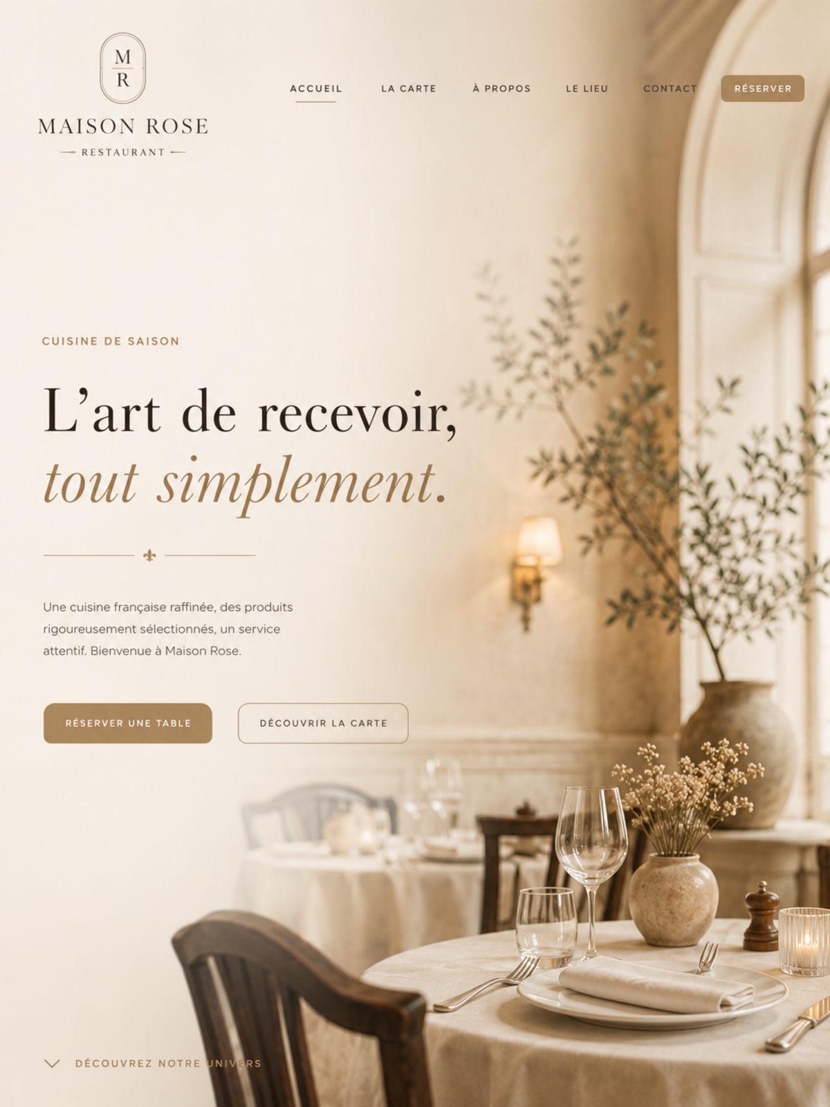 Homepage of a restaurant concept with a bright dining room and a set table.