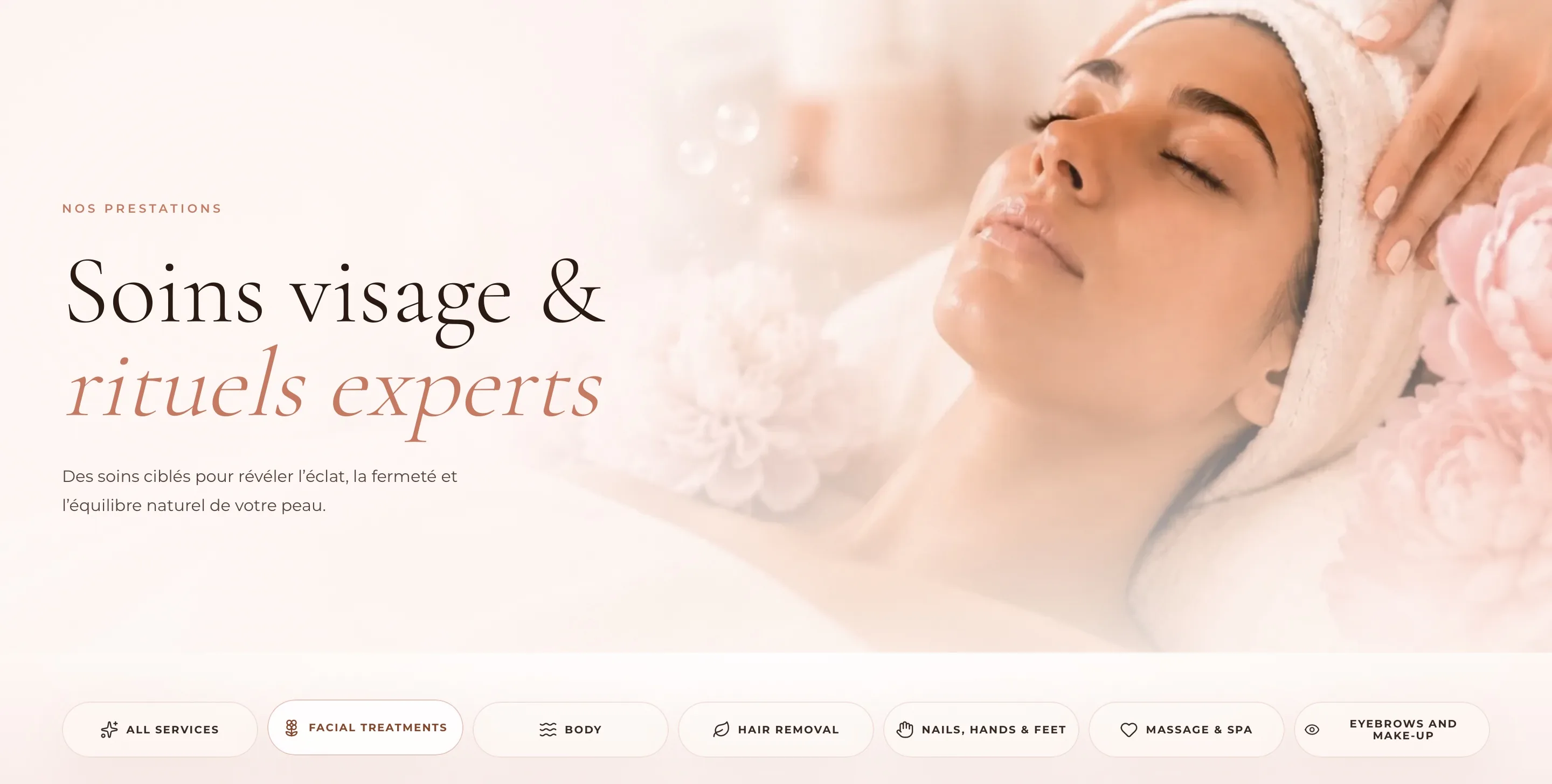 Section hero de la page soins du visage Maison Rose avec soin facial et catégories de prestations.