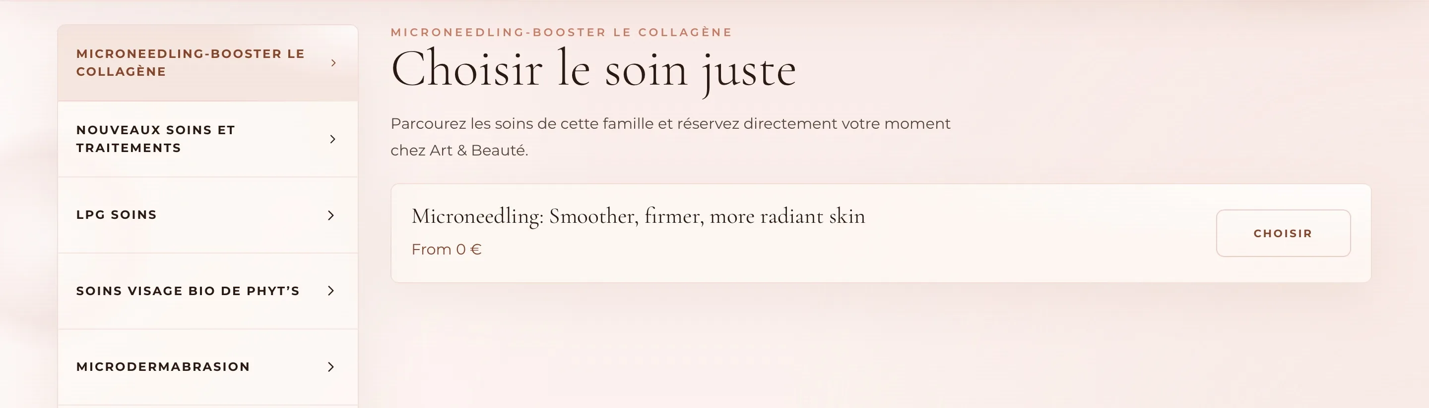 Section de sélection des soins du visage Maison Rose avec liste de traitements et bouton choisir.