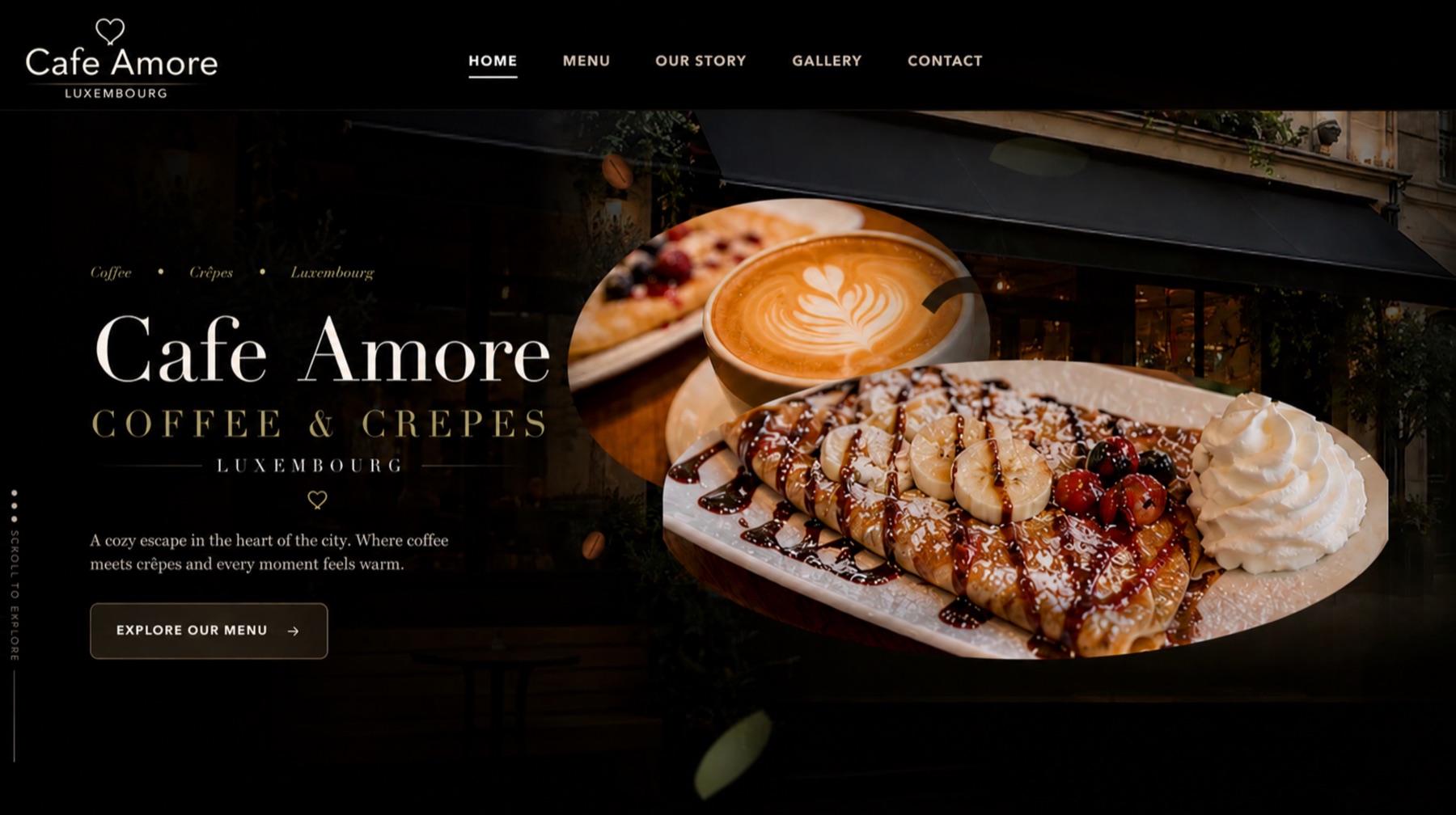 Homepage Cafe Amore avec café, crêpes et ambiance nocturne.
