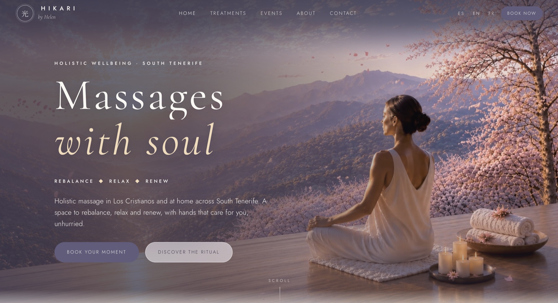 Homepage Hikari avec paysage rose, montagne et message bien-être.