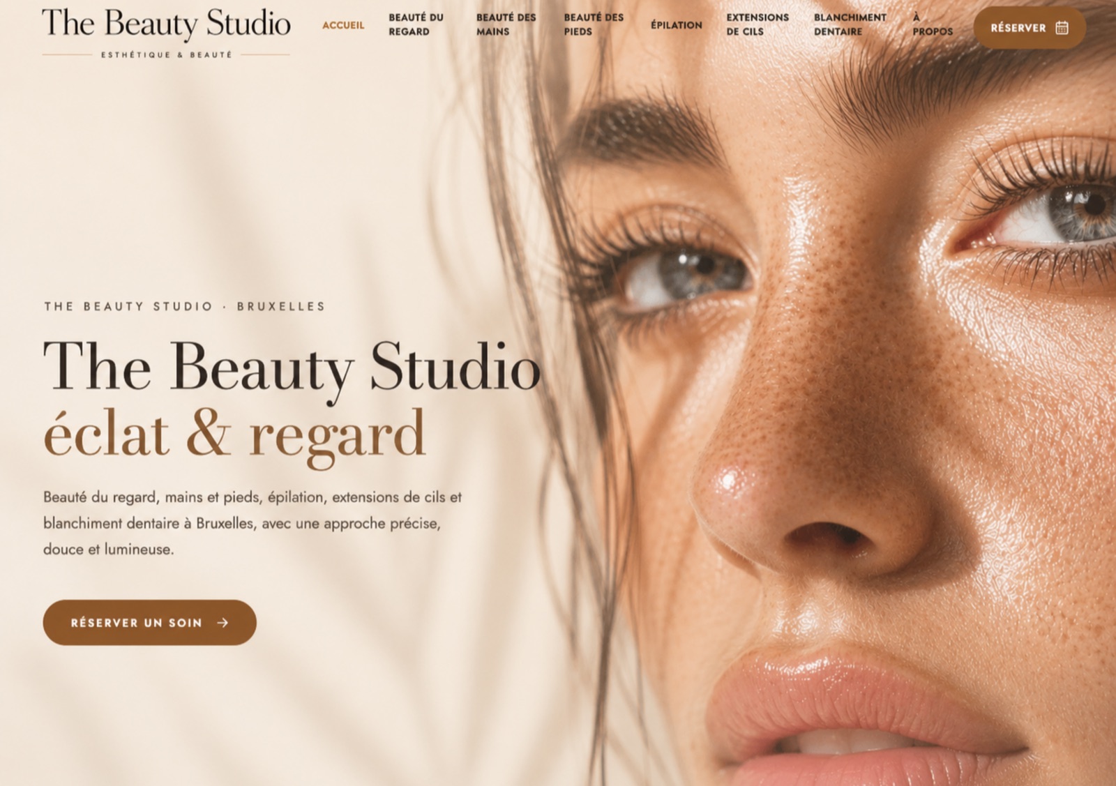 Homepage The Beauty Studio avec direction beauté premium et gros plan éditorial.