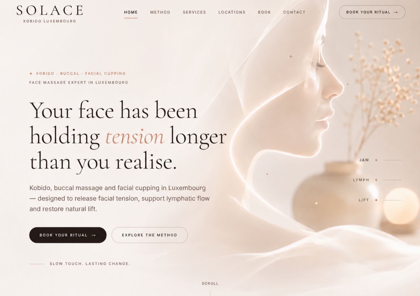 Homepage Solace pour kobido et facial cupping, avec une direction douce et sensorielle.