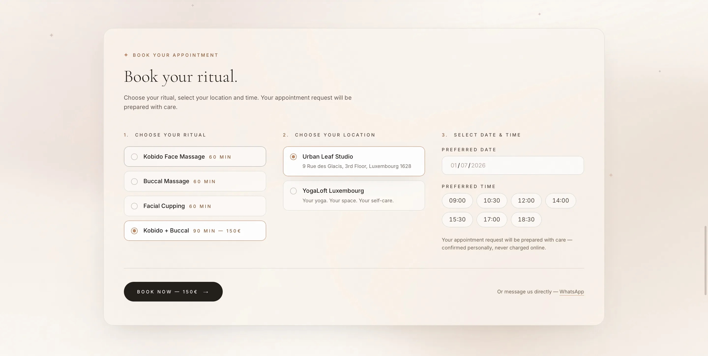 Section de réservation de la homepage Solace avec choix du rituel, lieu, date et horaire.