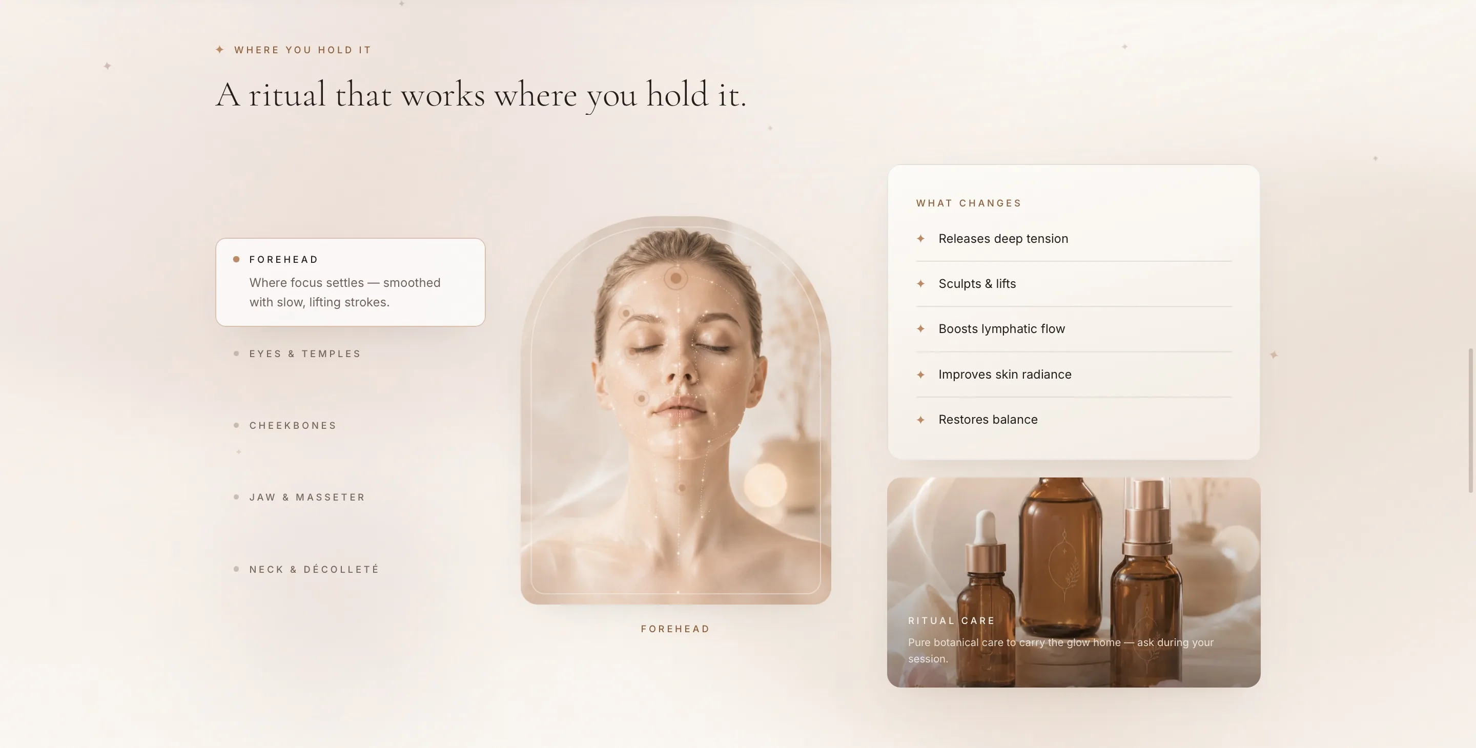 Section rituel de la homepage Solace avec zones du visage, bénéfices et soin rituel.