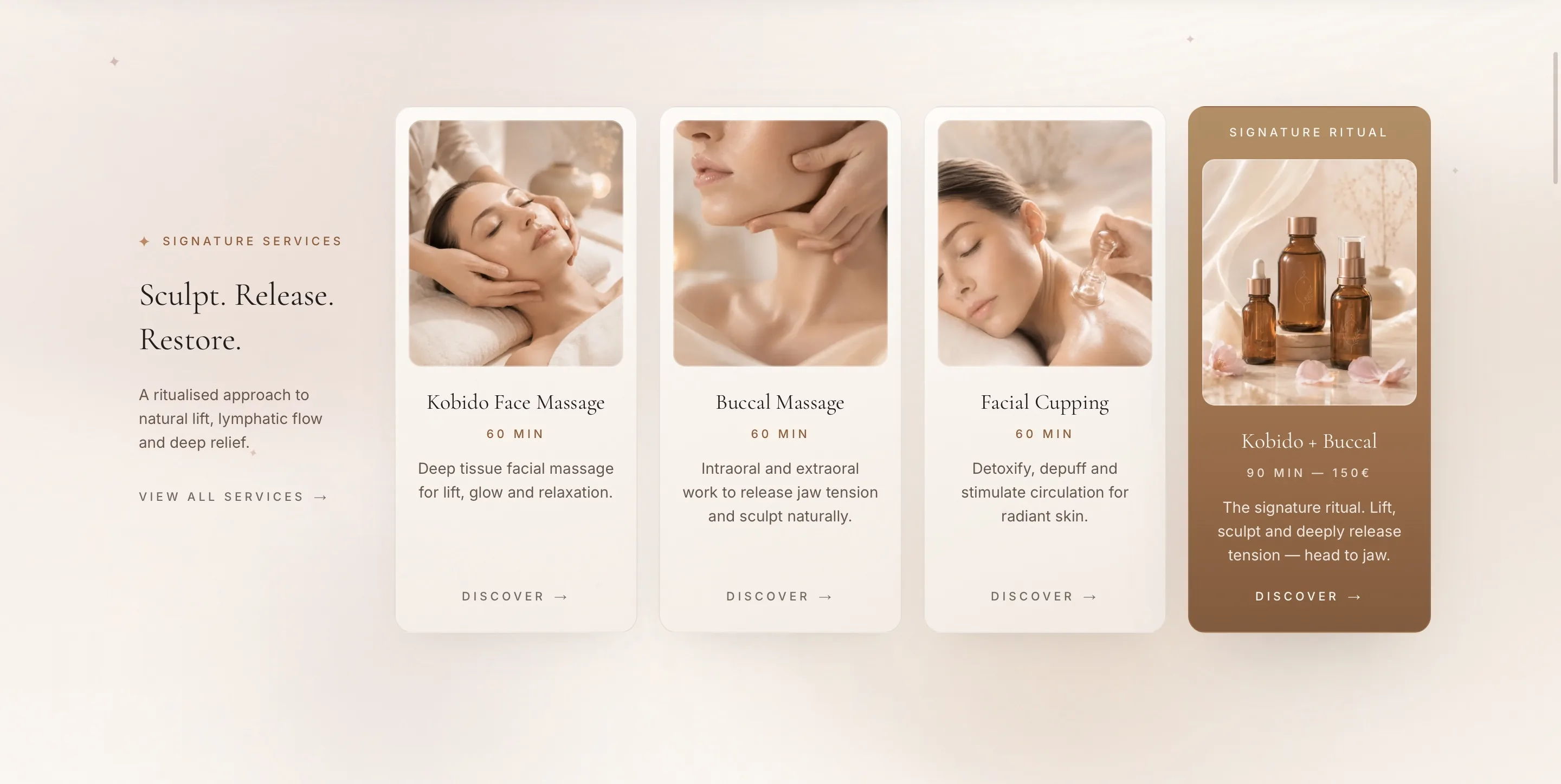 Section services signature de la homepage Solace avec cartes Kobido, Buccal Massage, Facial Cupping et rituel signature.